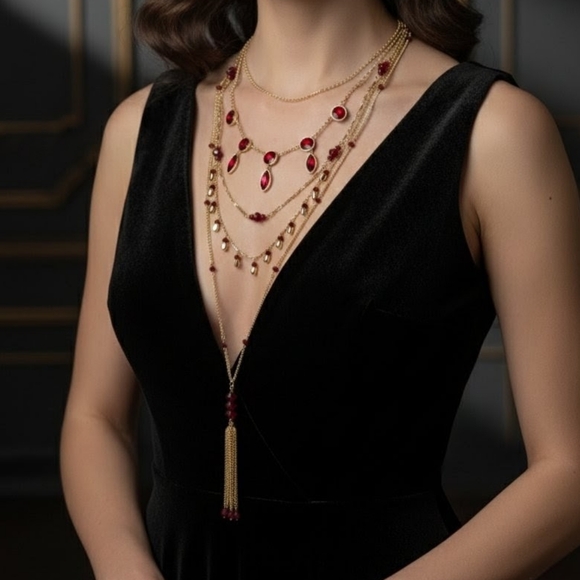 Vintage Jewelry - 90s Vintage Designer Multi-Layered Ruby Statement Necklace – Gold Tassel & Bezel